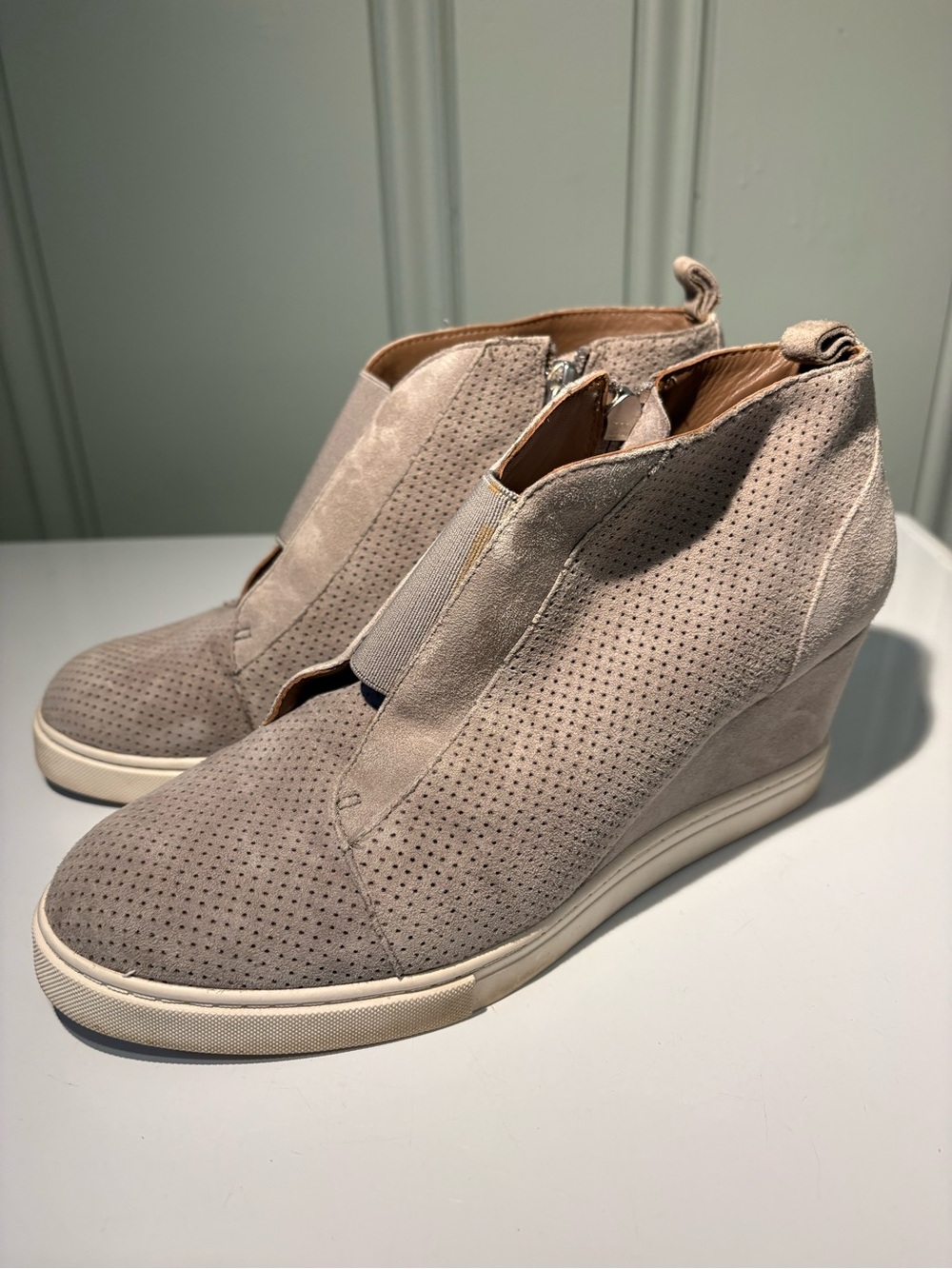Paolo Perforated Wedge Sneaker Booties in Taupe